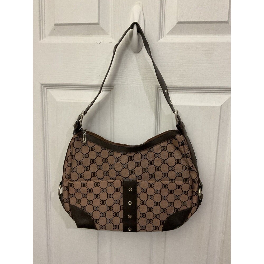 Y2K Brown Monogram Hobo Shoulder Bag Purse Retro 2000s Logo Print
